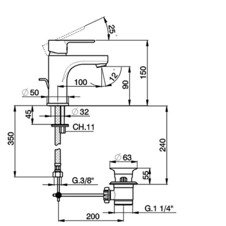 смеситель однорычажный для раковины, cisal tender, c200049021, на 1 отверстие с донным клапаном, хром