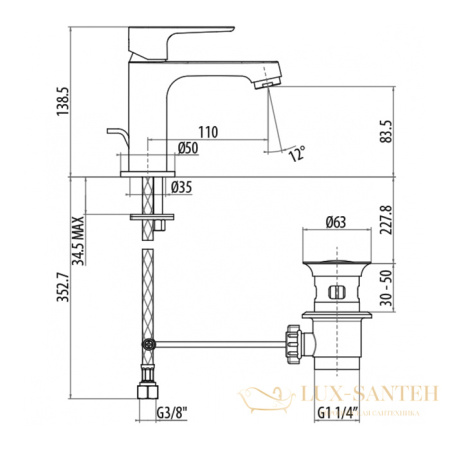 смеситель для раковины gattoni h2omix3000 3041/30c0, с донным клапаном, цвет хром