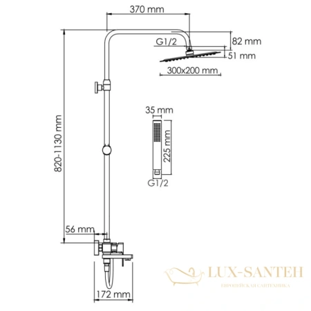 душевая система wasserkraft a177.069.103.087.ch 300х200 мм, хром