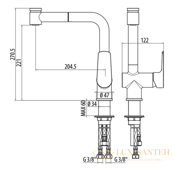 смеситель для кухонной мойки gattoni h2omix3000 cucina 3070/30c0cr, с выдвижным распылителем излив 205 мм, хром