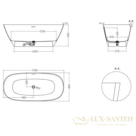 ванна salini sofia 102516g s-sense 170x80 см, белый