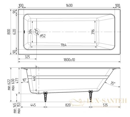 чугунная ванна wotte line plus 180x80, line 1800x800, цвет белый