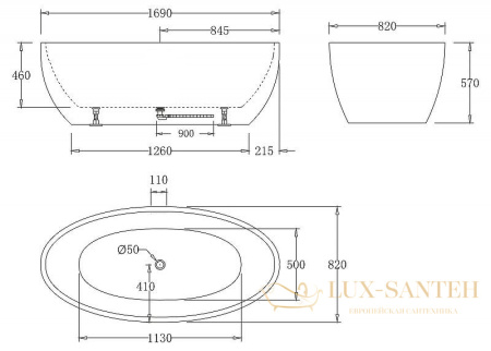 акриловая ванна belbagno bb69-1700-w0 169x82 без гидромассажа, белый