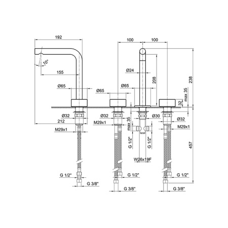 смеситель для раковины, fantini af/21, 27 93 a206wf, 3 отв., без донного клапана, излив 155мм, матовая натуральная сталь