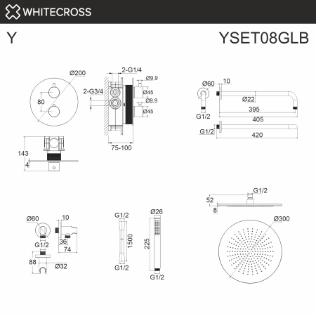 термостатическая душевая система скрытого монтажа whitecross y yset08glb, брашированное золото