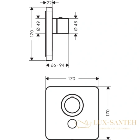 термостат встраиваемый axor showers, 36706000, select, для душа, highflow, с запорным клапаном, 1 потребитель, (внешняя часть), хром