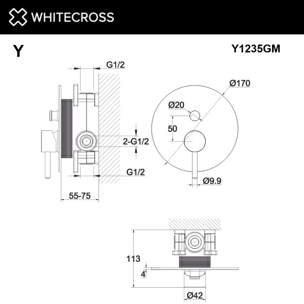 смеситель для душа скрытого монтажа whitecross y y1235gm, оружейная сталь