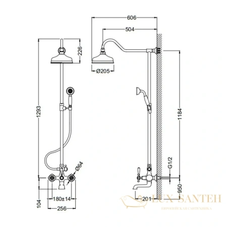 душевая система schein thames 493cs/8056055pt 205 мм, хром