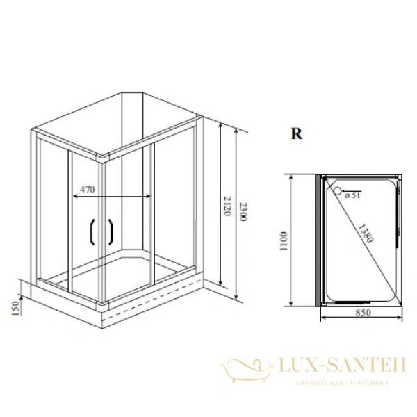 душевая кабина timo lux tl-1504 r 110x85x230 см, стекло прозрачное