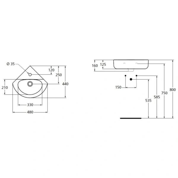 раковина угловая ideal standard connect space arc e793101 48 см, белый