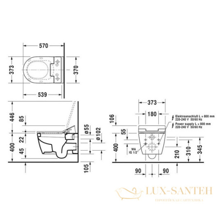 чаша подвесного унитаза duravit me by starck 2528590000 для крышки-биде sensowash, белый