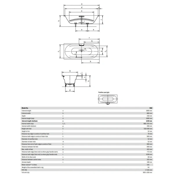 стальная ванна kaldewei vaio duo 233000013001 950 180х80 см с покрытием easy-clean, альпийский белый 