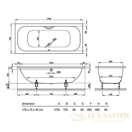 ванна bette duett 3020-000 plus 1700х750 мм шумоизоляция, антигрязевое покрытие, белый