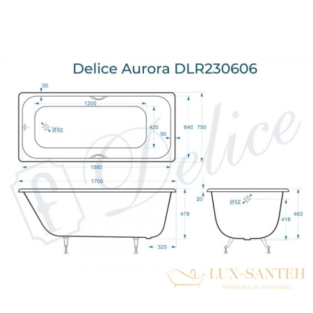 ванна чугунная delice aurora 170х75 с отверстиями под ручки dlr230606r, белый глянцевый