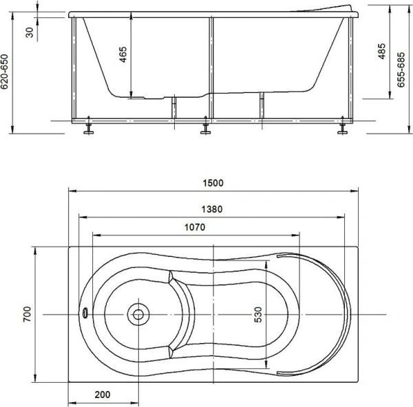 акриловая ванна aquatek афродита 150x70 afr150-0000016 без гидромассажа, с фронтальным экраном (слив слева, вклеенный каркас)