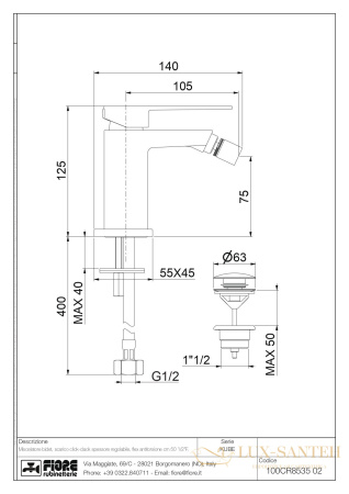 смеситель fiore kube 100nn8535 для биде с донным клапаном, черный матовый