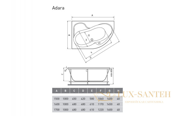 ванна акриловая relisan adara l 170х100