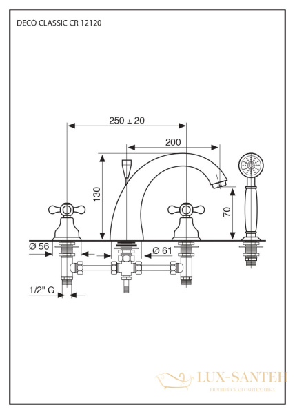 смеситель с ручным душем emmevi deco classic 12120/br на борт ванны 4 отверстия, бронза