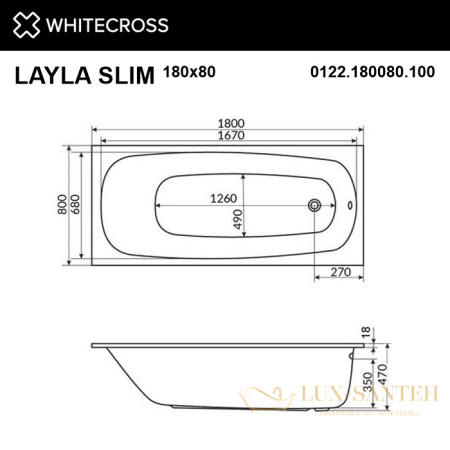 ванна whitecross layla slim 180x80 "soft", 0122.180080.100.soft.gl, белый