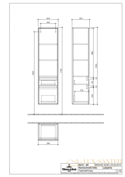 пенал villeroy & boch legato b21300e8 40x35x155 левый, светлое дерево