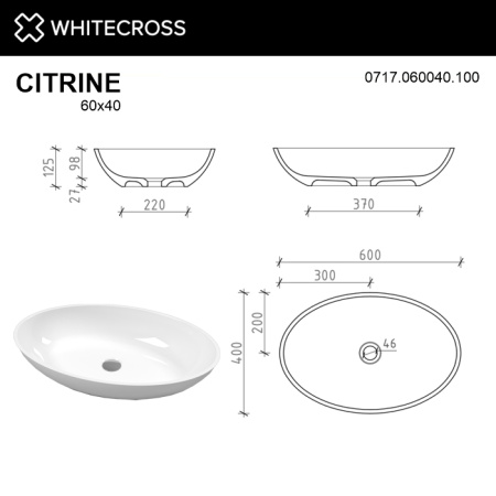 умывальник whitecross citrine 60x40, белый глянец иск. камень