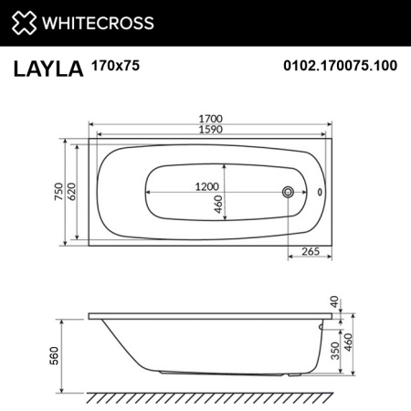 ванна whitecross layla 170x75 акрил, 0102.170075.100, белый