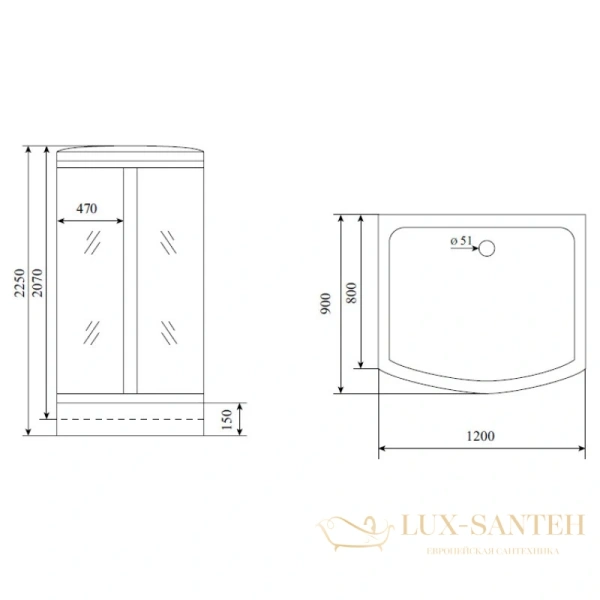 душевая кабина timo lux t-7715 p 120x90x225 см, стекло прозрачное