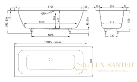 ванна salini orlanda axis 103211g s-sense 191.1x80 см, белый