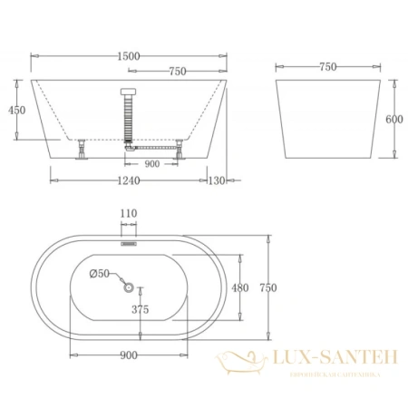 акриловая ванна belbagno bb71-1500 150x75 см, белый