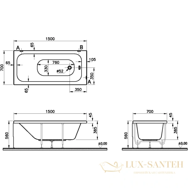 акриловая ванна vitra optimum neo 64560001000 150x70 см, белый