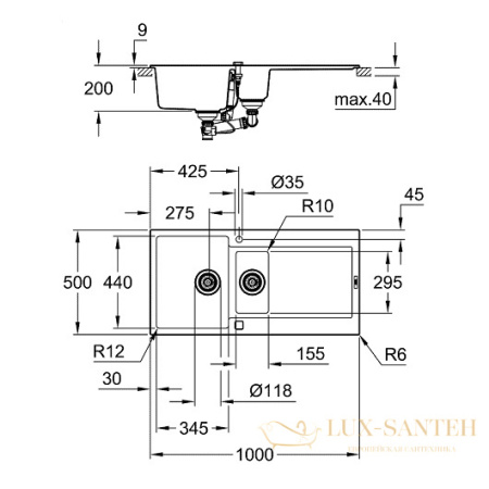 мойка кухонная grohe k500 31646ap0 1000х500 мм, черный гранит