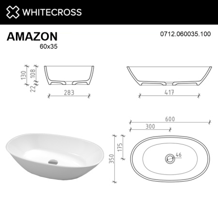 умывальник whitecross amazon 60x35, белый глянец иск. камень