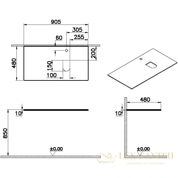 столешница vitra origin 65720 90,5 см r, черный