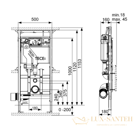 инсталляция для подвесного унитаза tece tecelux 400 9600400 с регулировкой высоты и системой очистки воздуха