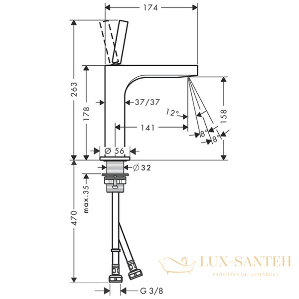 смеситель для раковины 160, axor citterio, 39032000,  с донным клапаном, хром