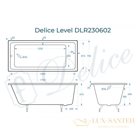 ванна чугунная delice level 170х75 с отверстиями под ручки dlr230602r, белый глянцевый