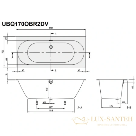 квариловая ванна villeroy & boch oberon 2.0 ubq170obr2dv-01 170х75 см, альпийский белый