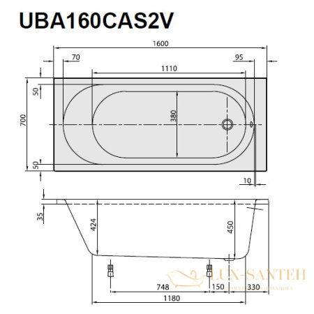 акриловая ванна villeroy & boch o.novo uba160cas2v-01 прямоугольная 160 х 70 см, белый