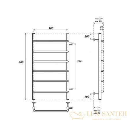 полотенцесушитель 500x800 водяной point ника pn08558 п6 с боковым подключением 500, хром