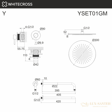 система для душа скрытого монтажа whitecross y yset01gm, оружейная сталь