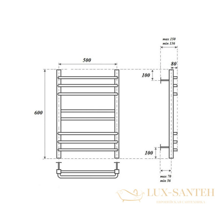 полотенцесушитель 500x600 водяной point омега pn90156s п8, хром