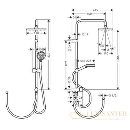 душевая стойка hansgrohe vernis shape showerpipe 230 1jet reno 26282000, хром