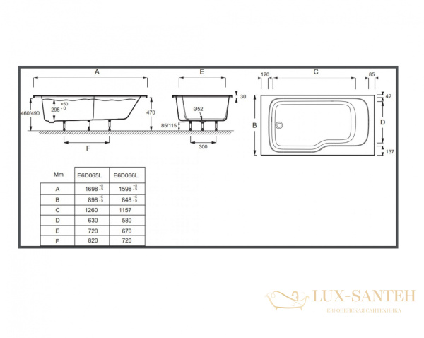 акриловая ванна jacob delafon bain douche malice e6d065l-00 170*90 см левосторонняя, белый