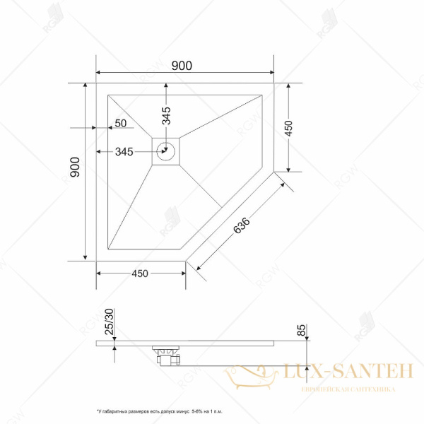 душевой поддон rgw stone tray 16155099-01 из искусственного камня st/t-g 90х90, белый