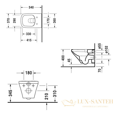 чаша подвесного безободкового унитаза duravit durastyle 25510900001 rimless, белый