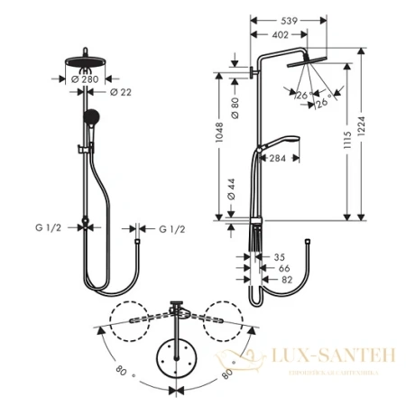 душевая стойка hansgrohe croma select s 26793000, 280 1jet reno хром