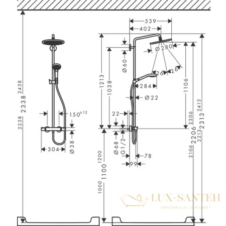 душевая система hansgrohe croma select s showerpipe 280 1jet 26890700 белый матовый