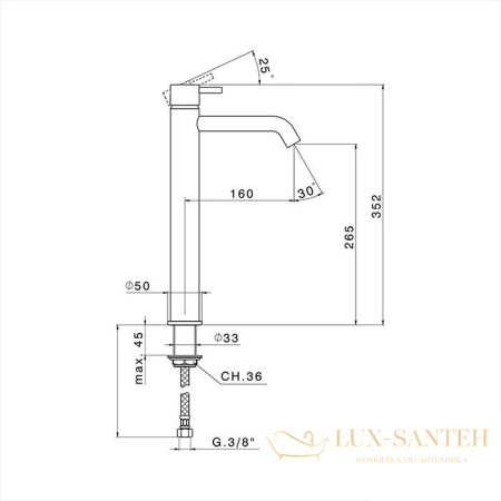 смеситель для раковины cisal less new, ln00454040, h352 мм, излив 160 мм, nero opaco