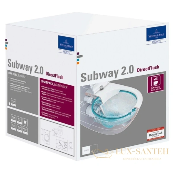 подвесной безободковый унитаз villeroy & boch subway 2.0 5614r201 с сиденьем микролифт, альпийский белый