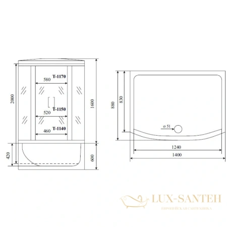 душевая кабина timo standart t-1140 140x88x220 см, стекло тонированное